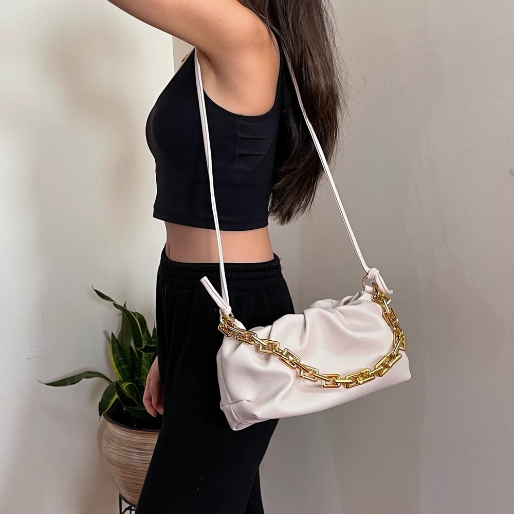 Cream Ruched Faux Leather Baguette Bag from SHEIN